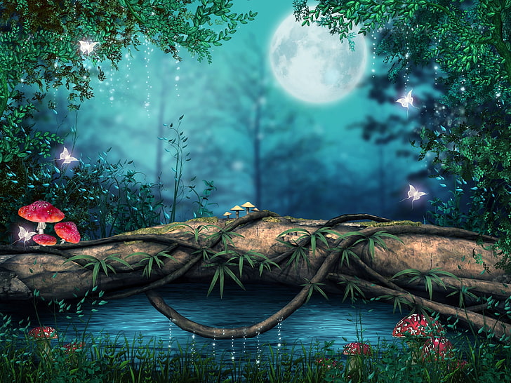 art, artwork, butterfly, forest, lake, Magical, mushroom, Photoshop, HD wallpaper