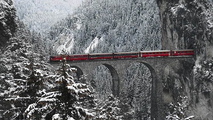 сняг, мост, швейцарски Алпи, долина Енгадин, влак, HD тапет