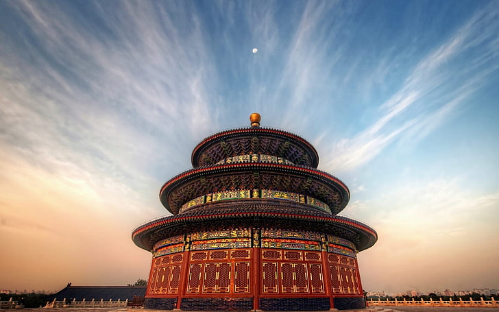 красно-зеленый 3-х этажный храм, азиатская архитектура, Китай, Пекин, храм, небо, луна, древний, HD обои