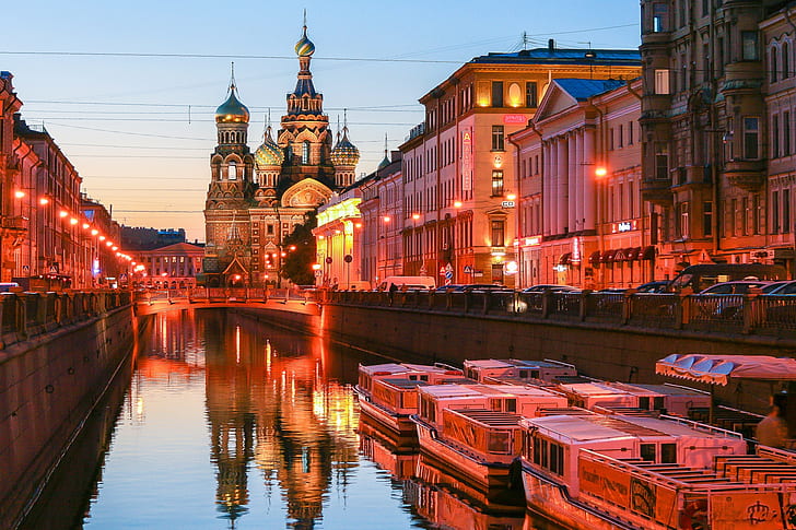 water, machine, the city, lights, reflection, river, street, view, building, home, boats, the evening, Peter, Saint Petersburg, Church, channel, temple, Russia, architecture, promenade, megapolis, The Savior on Blood, illumination, Leningrad, Church of the Savior on Blood, the Cathedral of our Savior on spilled Blood, HD wallpaper