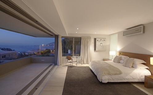 conjunto de colcha branco e bege, quarto, cidade, janela, cama, HD papel de parede HD wallpaper