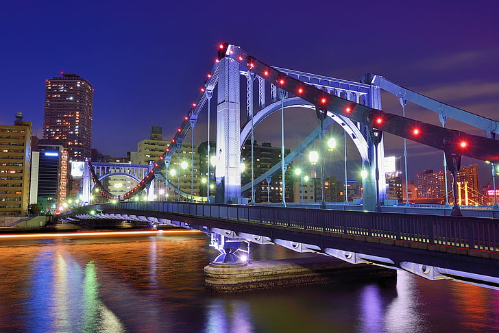 grey suspension bridge, the sky, night, bridge, lights, river, building, home, skyscrapers, Japan, lighting, Tokyo, blue, megapolis, capital, HD wallpaper