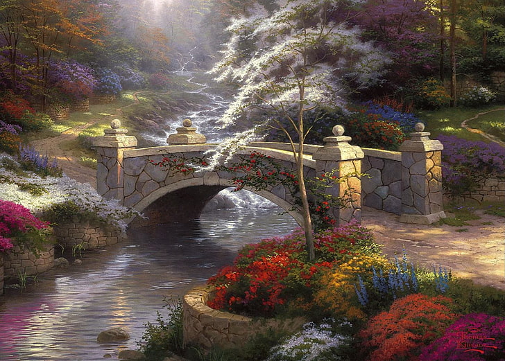 weiße Betonbrücke, Brücke, Natur, Fluss, Malerei, die Brücke, Thomas Kinkade, bunt, Brücke der Hoffnung, HD-Hintergrundbild