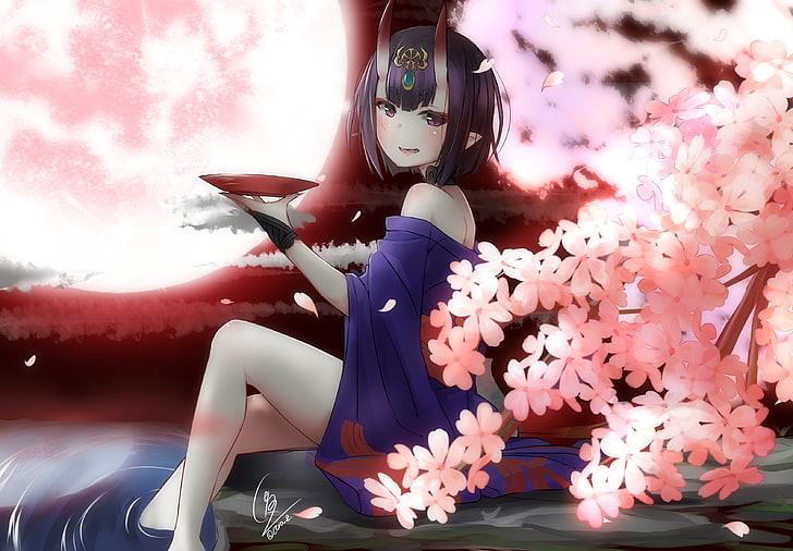 shuten douji, fate grand order, sakura blossom, short hair, petals, Anime, HD wallpaper
