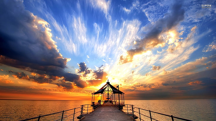 Dock mit Baldachin Zelt, Pier, Wolken, HD-Hintergrundbild