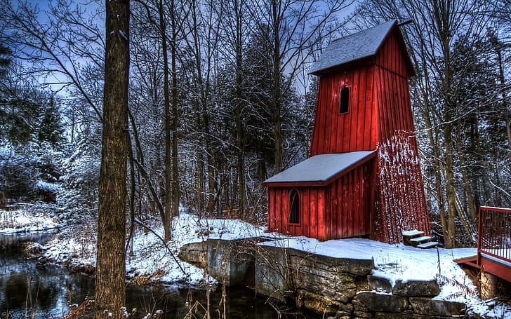 Forest Tower, red cabin, water, stream, hydro, winter, tower, beautiful, 3d and abstract, HD wallpaper