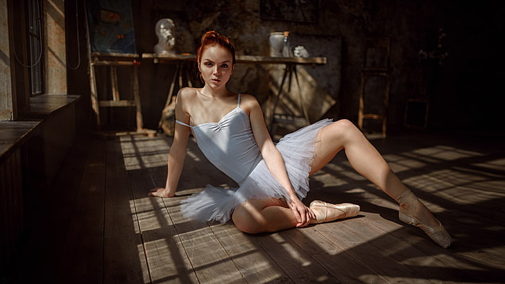 Georgy Chernyadyev, kvinnor, modell, ballerina, på golvet, rödhårig, balett tofflor, Ekaterina Sherzhukova, HD tapet