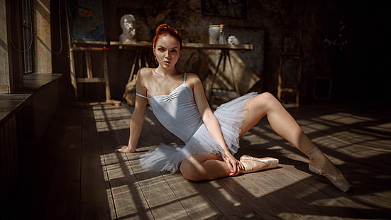 Georgy Chernyadyev, kvinnor, modell, ballerina, på golvet, rödhårig, balett tofflor, Ekaterina Sherzhukova, HD tapet HD wallpaper