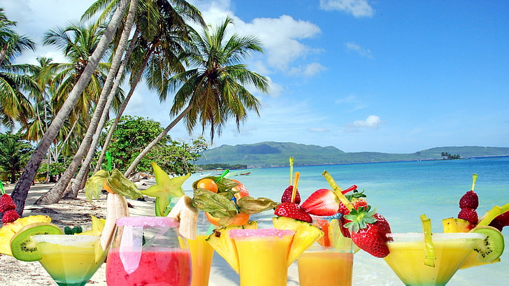lato, plaża, świeże, morze, koktajle, owoce, napoje, palmy, tropikalny, Tapety HD