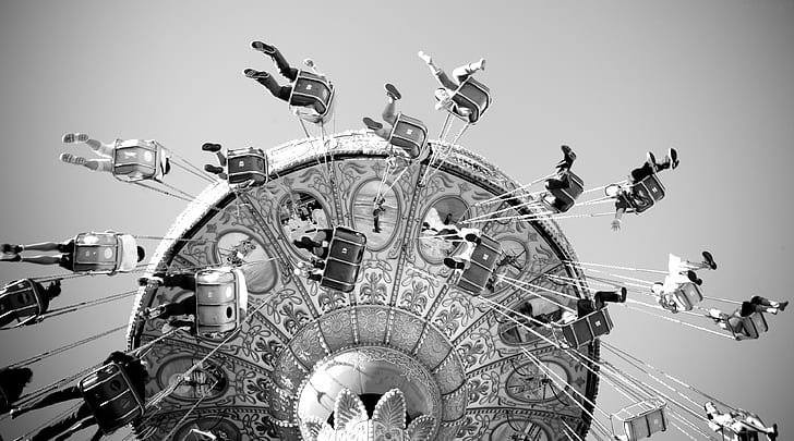 Down under Merry go round, gray and white swing ride, under, down, merry, round, black and white, HD wallpaper
