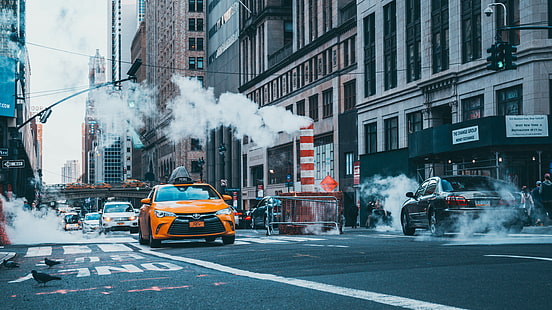 суперкар, город, такси, Нью-Йорк, улица, дым, HD обои HD wallpaper