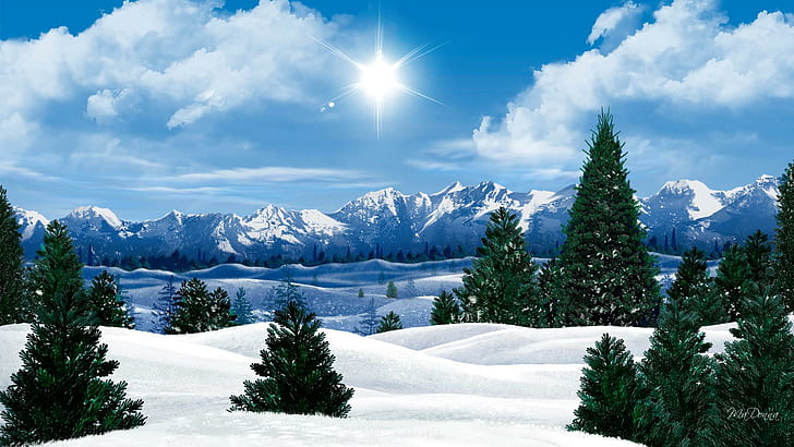 شمس صباح الشتاء ، جبل مغطى بالثلوج ، شخصية فايرفوكس ، عيد الميلاد ، الجبال ، البرد ، الأشجار ، الثلج ، الشتاء ، ثلاثي الأبعاد وملخص، خلفية HD
