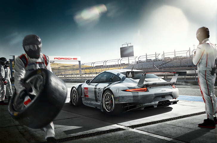 voiture de sport blanche et noire, Porsche 911 RSR, arrêt de puits, équipage de puits, voitures de course, HD, Fond d'écran HD