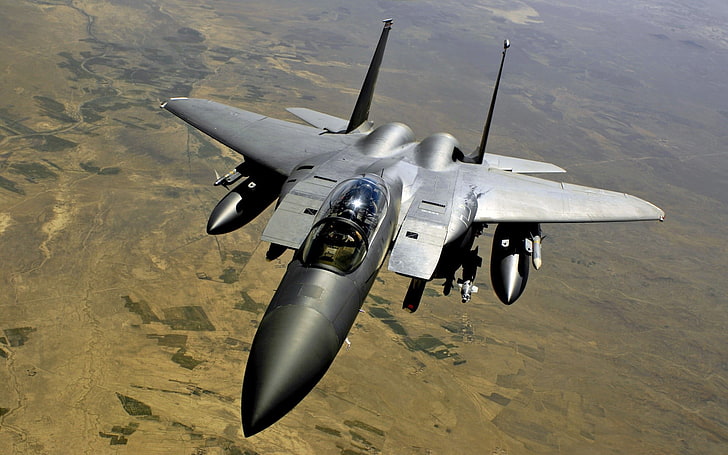 灰色の航空機、マクドネルダグラスF-15Eストライクイーグル、F-15イーグル、飛行機、軍用機、軍用、航空機、 HDデスクトップの壁紙