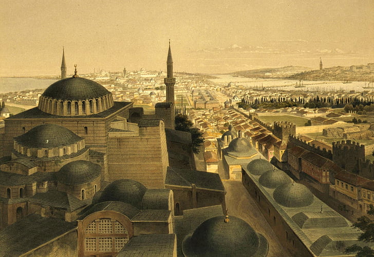المدينة ، الصورة ، بانوراما ، مسجد ، اسطنبول ، تركيا ، المئذنة ، آيا صوفيا ، بينما أجيا صوفيا، خلفية HD