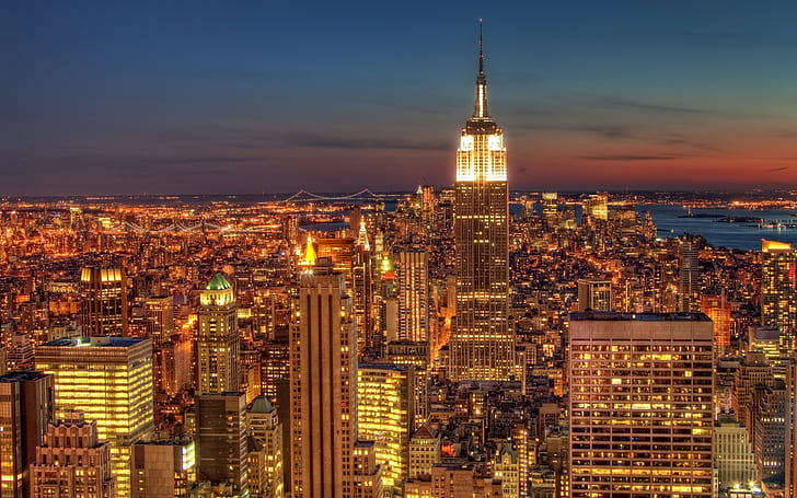 المدينة ، cityscape ، مدينة نيويورك ، الولايات المتحدة الأمريكية ، مبنى Empire State ، الليل ، الأضواء، خلفية HD