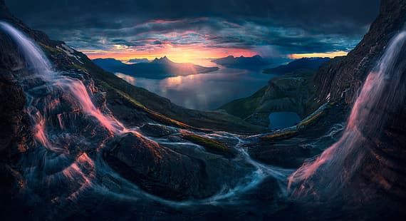 Норвегия, северные пейзажи, пейзаж, панорама, природа, небо, солнечный свет, фьорд, водопад, скала, HD обои HD wallpaper