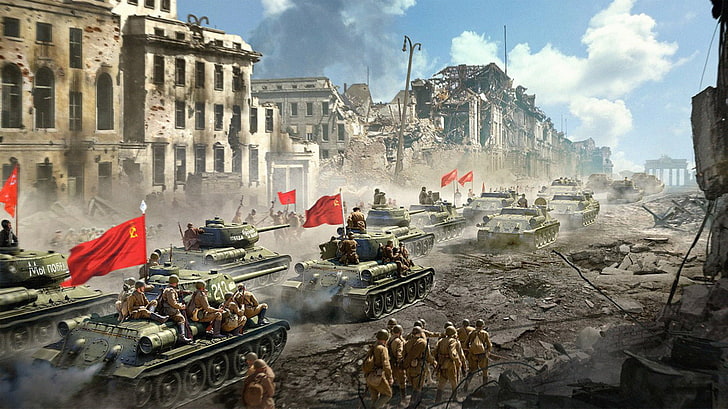 carta da parati dei soldati in marcia, città, esercito, URSS, soldati, bandiere, carri armati, mondo dei carri armati, Sfondo HD