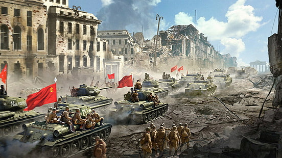 soldats en marche fond d'écran, la ville, armée, URSS, soldats, drapeaux, chars, monde des chars, Fond d'écran HD HD wallpaper