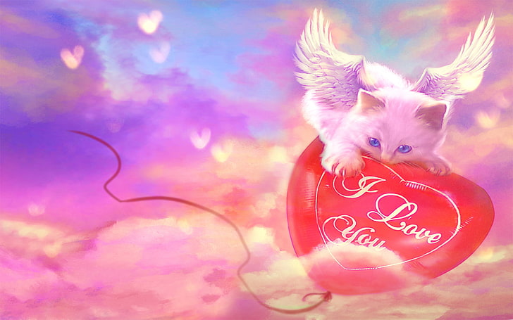 white cat wallpaper, cat, the inscription, wings, hearts, I love you, balloon, HD wallpaper