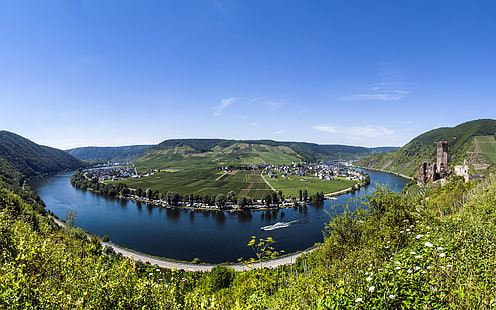Courbe de la rivière Moselle, Beilstein, bleu, Allemagne, vert, paysage, Moselle, photographie, rivières, Fond d'écran HD HD wallpaper