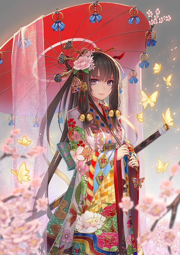 Anime, anime girls, long hair, kimono, sword, umbrella, Japanese clothes,  HD wallpaper | Wallpaperbetter