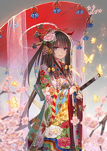 аниме, аниме момичета, дълга коса, кимоно, меч, чадър, японски дрехи, тъмна коса, украшение за коса, HD тапет HD wallpaper