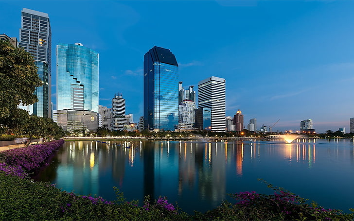 высотное здание, город, городской пейзаж, Бангкок, Китай, Таиланд, вода, отражение, вечер, HD обои