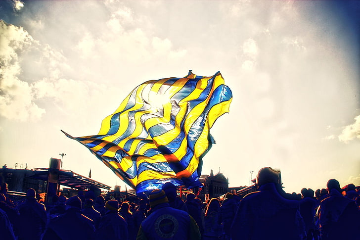 tecido listrado amarelo e azul, Fenerbahçe, futebol, clubes de futebol, raios de sol, HD papel de parede