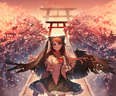 touhou, reiuji utsuho, skrzydła, świątynia, Anime, Tapety HD HD wallpaper