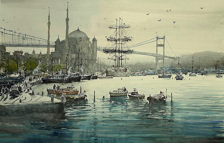 мост, лодка, корабль, картина, акварель, мечеть, Стамбул, минарет, городской пейзаж, Максимилиан Д.А. Амико, HD обои