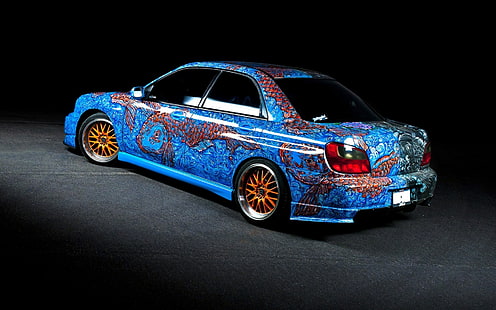 синий, красный и черный седан, JDM, Stance, Subaru Impreza, Subaru, суперкар, синие автомобили, HD обои HD wallpaper