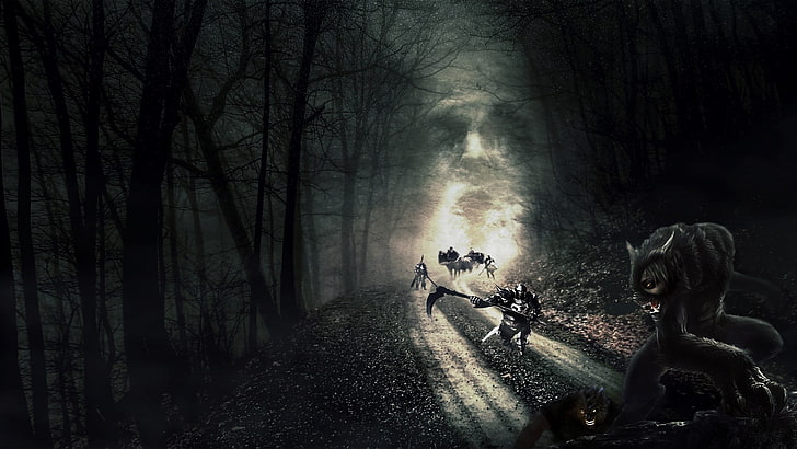wallpaper digital hutan hitam, gelap, horor, ksatria, manusia serigala, hutan, Wallpaper HD
