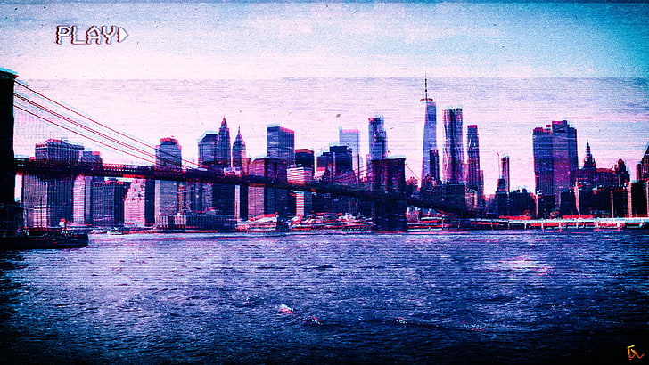 Puente de Brooklyn, Nueva York, VHS, onda de vapor, Photoshop, arte glitch, paisaje, Fondo de pantalla HD