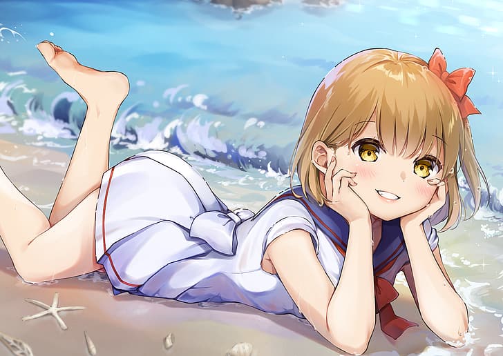 anime, anime girls, barefoot, feet, legs, dress, blonde, yellow eyes, beach, water, smiling, HD wallpaper