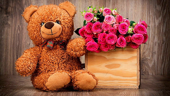 kwiat, miś, różowe róże, wypchana zabawka, zabawka, róża, florystyka, bukiet, bukiet kwiatów, kwiaty cięte, różowe kwiaty, plusz, Tapety HD HD wallpaper