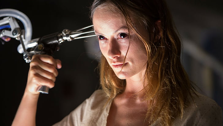 woman pointing gun on her head, Olivia Wilde, The Lazarus Effect, Best Movies of 2015, movie, actress, HD wallpaper