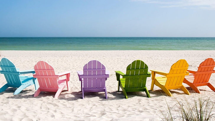 شاطئ البحر ، الصيف ، عطلة ، الرملية ، المقاعد، خلفية HD