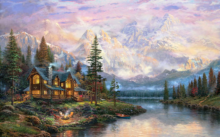 Bella pittura, montagne, fiume, casa, alberi, bella, pittura, montagne, fiume, casa, alberi, Sfondo HD