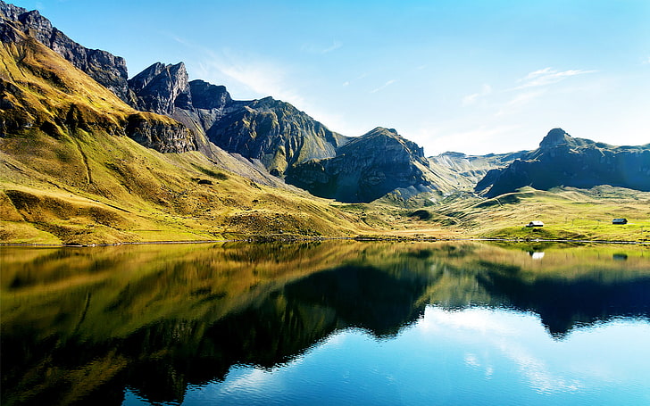 Grüns, Berge, See, Reflexion, Hügel, Zuhause, sonnig, HD-Hintergrundbild