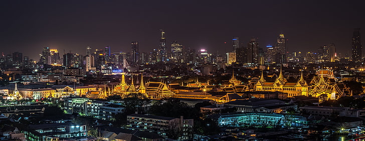 خلفيات مباني المدينة ، المدينة الليلية ، القصر ، أضواء المدينة ، بانكوك ، تايلاند، خلفية HD