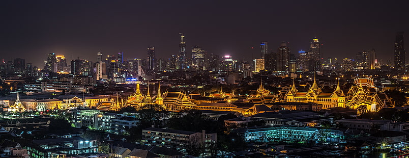обои городских зданий, ночной город, дворец, огни города, Бангкок, Таиланд, HD обои HD wallpaper