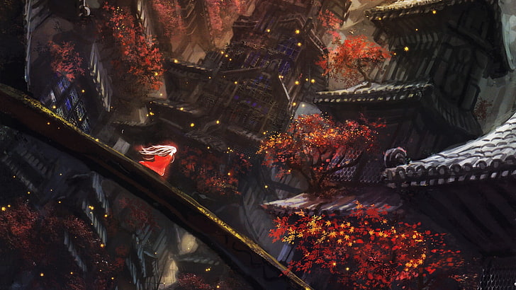Steampunk 아시아 도시 벽지, 갈색 목조 사원 일러스트, 판타지 아트, 동양가, 가을, 중국, HD 배경 화면