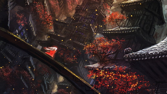 Carta da parati Steampunk Asian City, illustrazione in legno marrone del tempio, fantasy art, orientale, autunno, Cina, Sfondo HD HD wallpaper