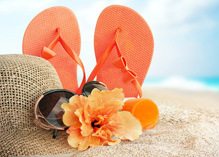 sand, sea, beach, summer, stay, hat, glasses, sun, slates, vacation, accessories, HD wallpaper