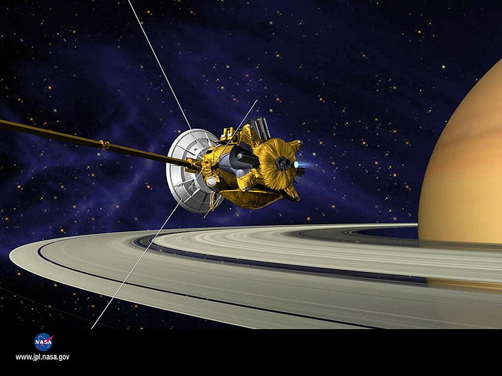 ilustração de satélite em ouro e cinza, espaço, Saturno, Cassini-Huygens, NASA, anéis planetários, JPL (Jet Propulsion Laboratory), HD papel de parede