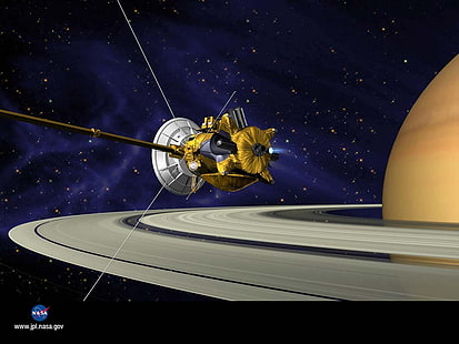 złota i szara ilustracja satelity, kosmos, Saturn, Cassini-Huygens, NASA, pierścienie planetarne, JPL (Jet Propulsion Laboratory), Tapety HD HD wallpaper