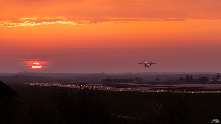 matahari terbenam, pesawat, lepas landas, ATR 42, bandara, Wallpaper HD