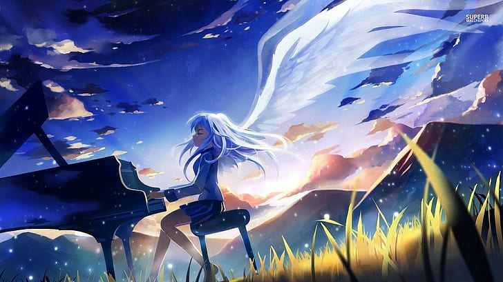 Angel Beats!, anime girls, piano, angel, Tachibana Kanade, anime, manga, wings, music, HD wallpaper