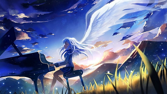 Angel Beats!, สาวอนิเมะ, เปียโน, นางฟ้า, Tachibana Kanade, อะนิเมะ, มังงะ, ปีก, เพลง, วอลล์เปเปอร์ HD HD wallpaper